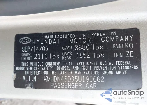 2005 Hyundai Elantra Gls/Gt from USA, damaged, VIN KMHDN46D35U196662